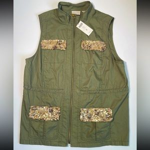Chicos Sequin pocket Utility Fashion Vest Gold Hardware Sz2 NWT *flaw*